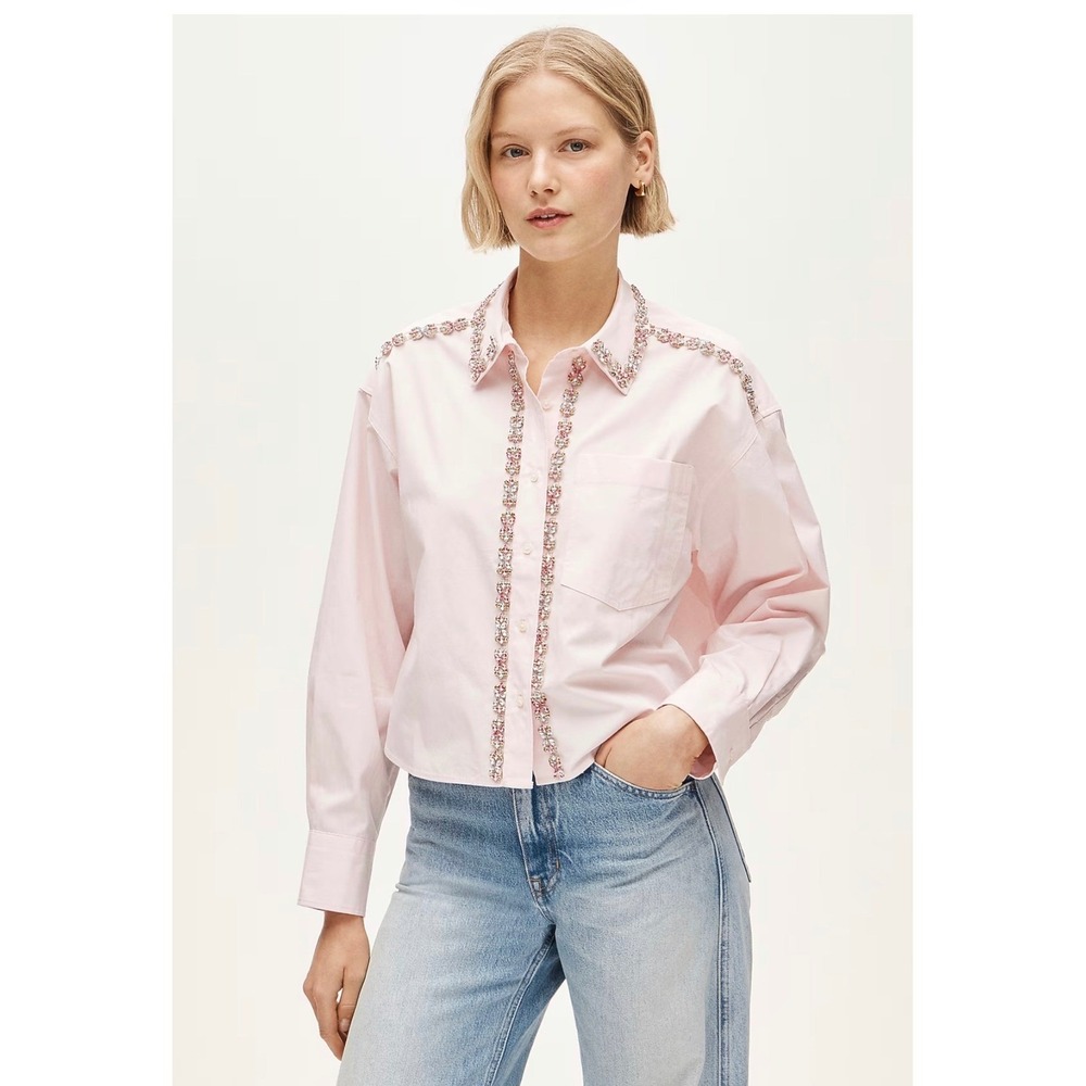 J.CREW Étienne Cropped Button-up Shirt in Embellished Cotton Poplin XS Pink NEW